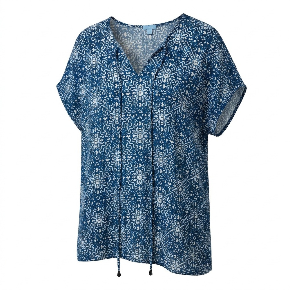 J.McLaughlin Blue White Geometric Tassel V-Neck Rayon Tunic Top ML Cover up